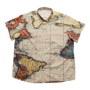 Hawalili Button Up Shirt Mens 3XL Beige World Map Print Short Sleeve Casual